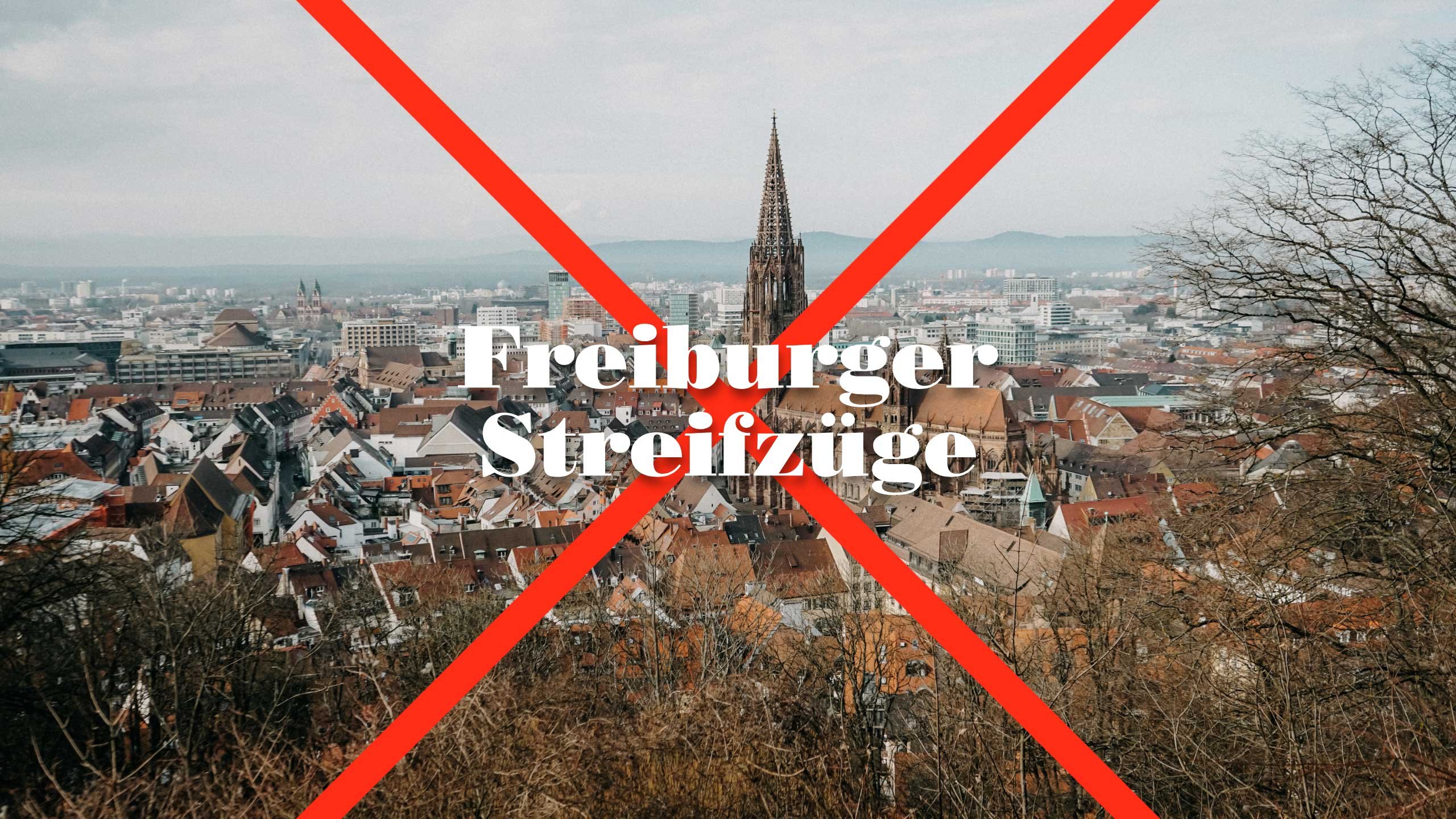 Blick auf das Freiburger Münster mit der Headline Freiburger Streifzüge